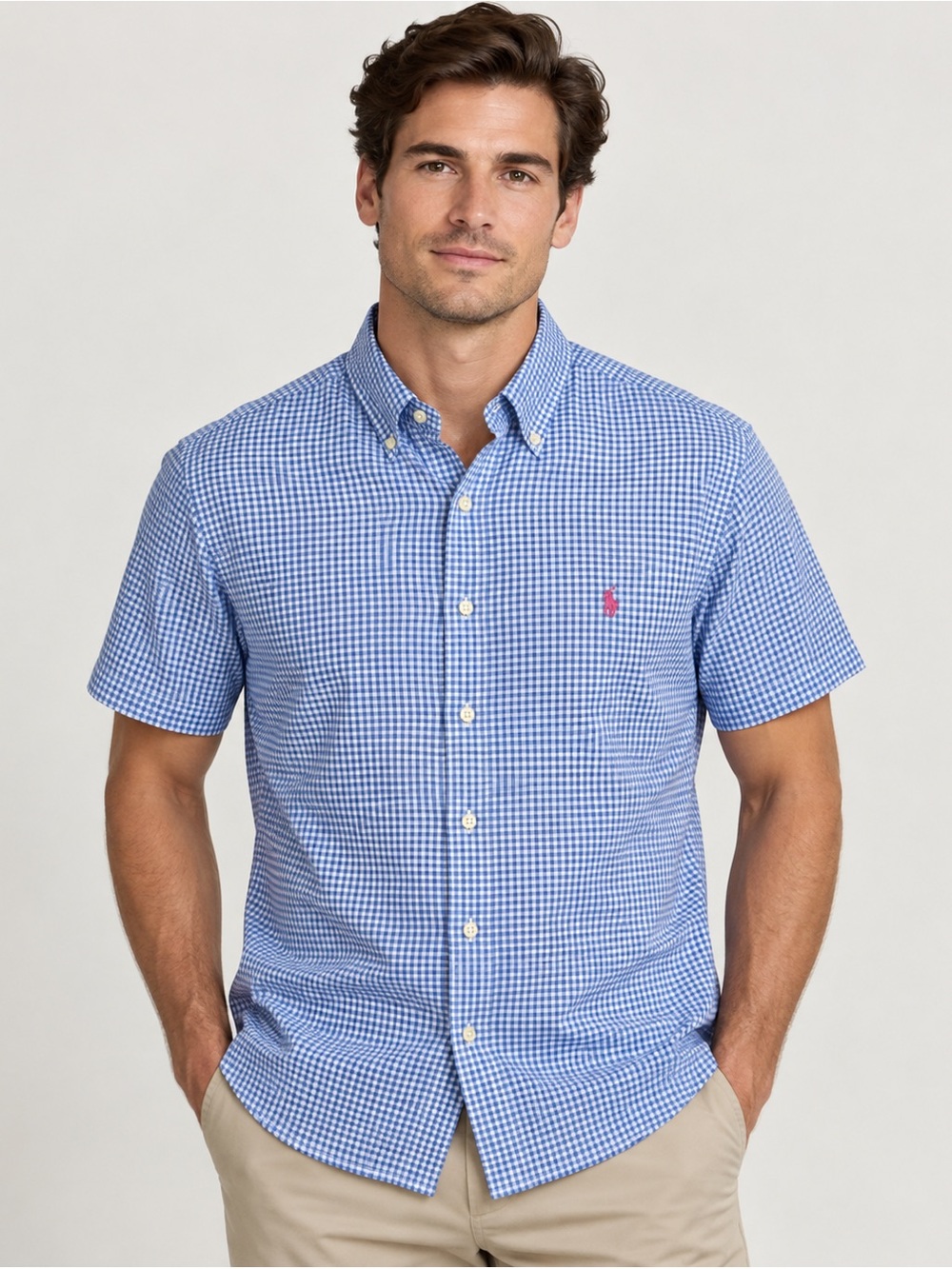 Ralph Lauren Blue Gingham Short-Sleeve Button-Down Shirt Small Pink Pony 21x28